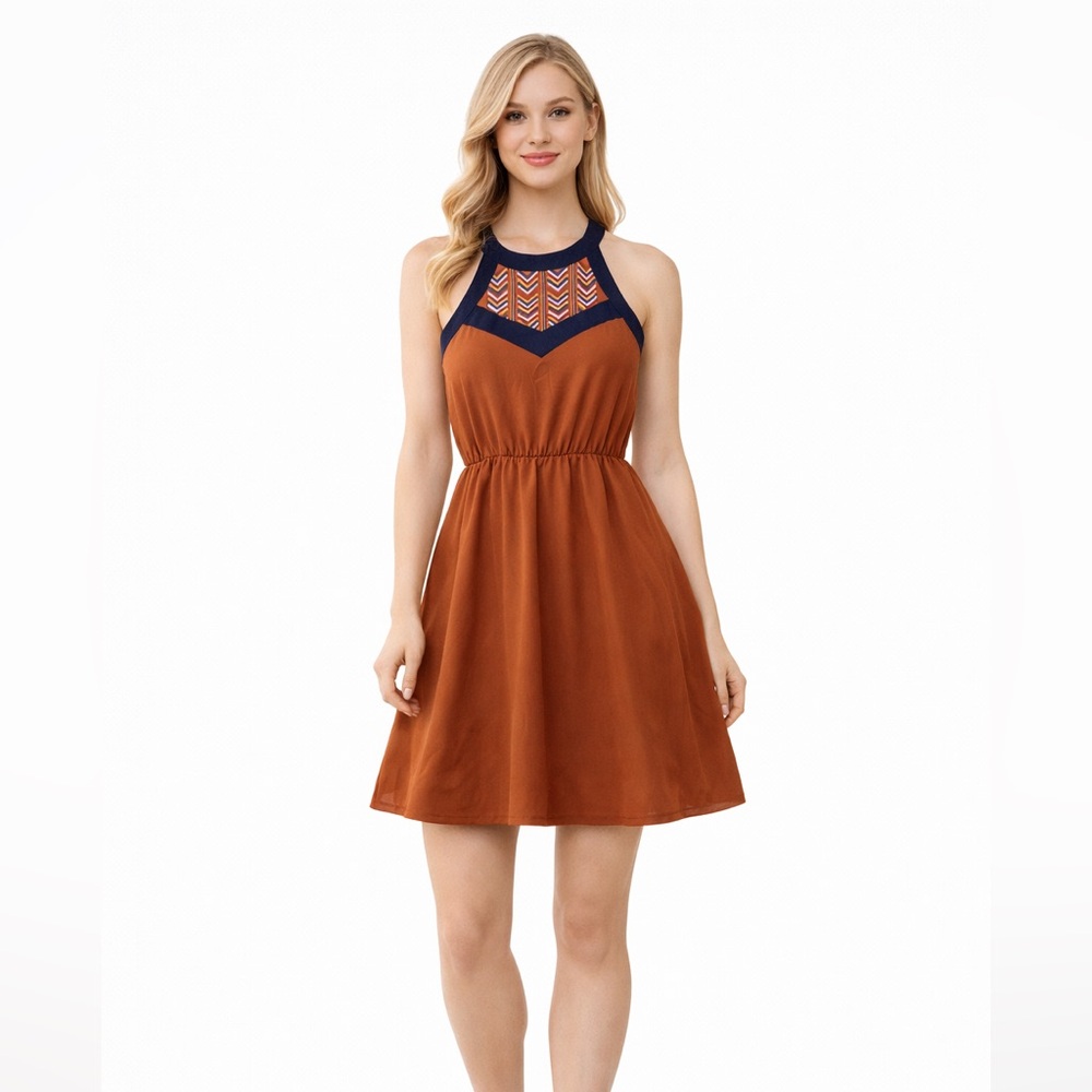 Young Threads Dress Sleeveless Mini‎ Halter Tribal Chevron Orange Cinch Waist L